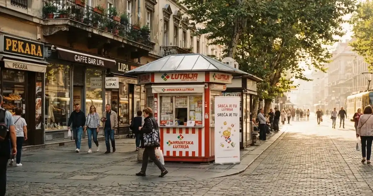 Ulica u centru Zagreba s kioskom za lutrijske listiće i prolaznicima, snimljeno danju.